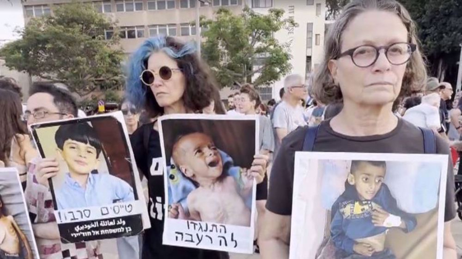 Carrying photos of starving kids, thousands rally in Tel Aviv, Haifa to demand end to Gaza war